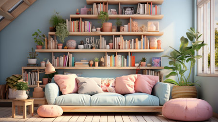 Interior of living room with bookshelf and sofa 3d renderの素材