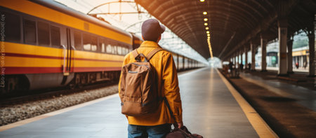 Traveler with backpack waiting for train at train station. Travel and tourism conceptの素材