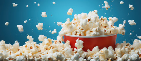 Popcorn falling into red bowl on blue background, 3d renderingの素材