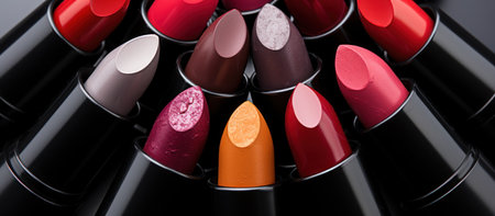 Lipsticks of different colors on black background, close-upの素材