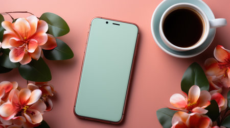 Smartphone with green screen, coffee and flowers on pink background.の素材