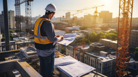 Rear view of a male engineer looking at a blueprint while standing on a construction siteの素材