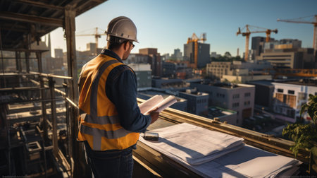 Engineer or Architect working on construction site with blueprint and building backgroundの素材