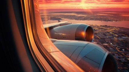 Airplane wing and city view at sunset. 3d rendering.の素材