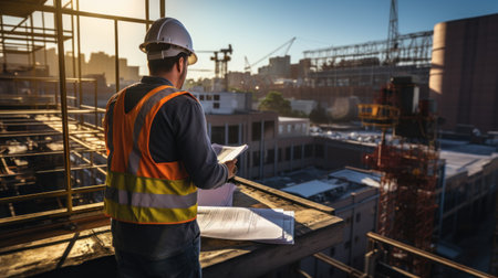 Rear view of male engineer holding blueprint while standing on building siteの素材