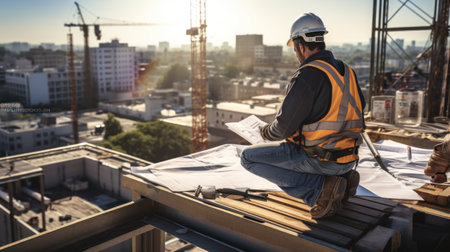 Construction worker working on the roof of the building with crane in the backgroundの素材