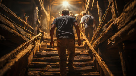 Man walking on a wooden bridge at night in a creepy dark roomの素材