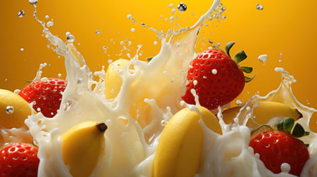 Splash of milk with fruits and berries on yellow background, closeupの素材