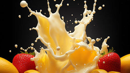 Milk splash with fruits isolated on black background. 3d renderingの素材