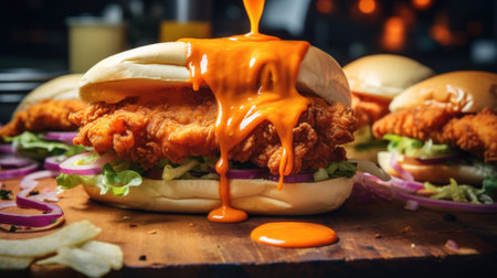 Burger with fried chicken, french fries and sauce on wooden tableの素材
