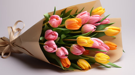 Bouquet of pink and yellow tulips on white background.の素材