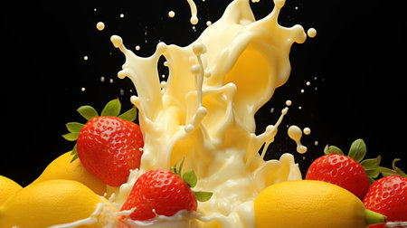Milk splash with fruits on black background, closeup. Dairy productの素材