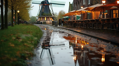 Traditional Dutch windmills in the old town of Zaanse Schans, Netherlandsの素材
