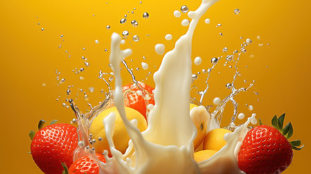 Milk splash with fruits on yellow background. 3d rendering.の素材