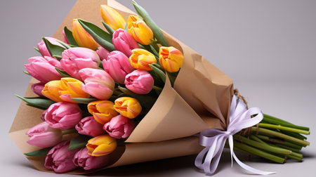 Bouquet of pink and yellow tulips on white background.の素材