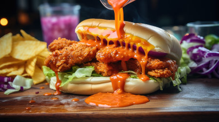 Burger with chicken nuggets and ketchup on a wooden boardの素材