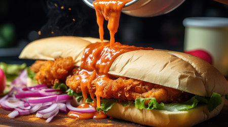 Close-up of hamburger with fried chicken, onion and tomato sauceの素材