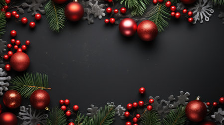 Christmas background with fir tree branches, red balls and snowflakesの素材