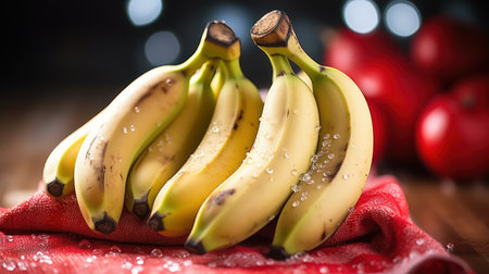 Bunch of bananas with red apples in the background on wooden tableの素材