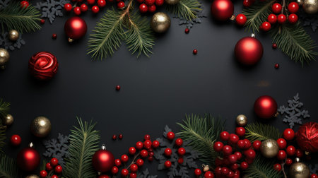 Christmas background with fir tree branches, red balls and snowflakes on black backgroundの素材