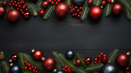 Christmas background with fir branches, red and black baubles on black wooden backgroundの素材