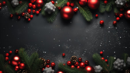 Christmas background with fir branches, red balls and snowflakes. Top view with copy spaceの素材