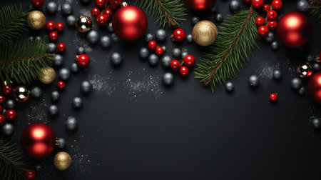 Christmas background with fir branches, red and golden balls and berries on black backgroundの素材