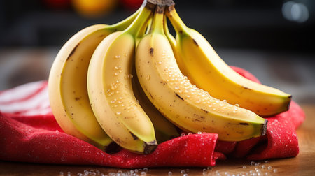Bunch of bananas on a red napkin on a wooden tableの素材