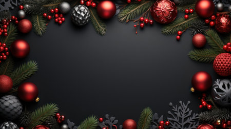 Christmas and New Year background with fir branches, red balls and berries.の素材