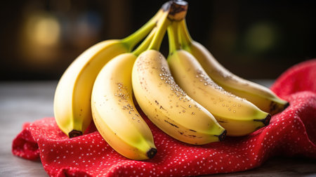 Bunch of bananas on red napkin on wooden table with dark backgroundの素材