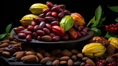 Raw cacao beans and raw cacao fruits on black background.の素材