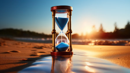 Hourglass on the beach. Concept of time passing through time.の素材