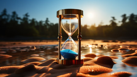 Hourglass on the sand on the beach at sunset. Concept of time passing.の素材