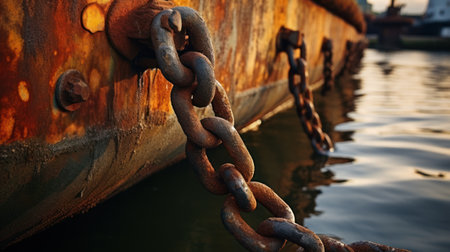 Rusty chain on a ship at sunset. Close-up.の素材