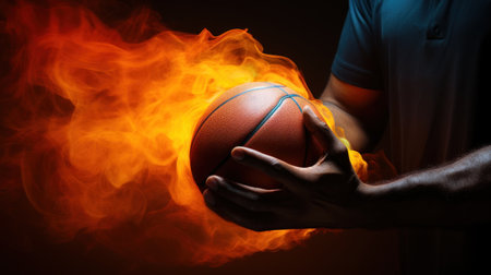 Man playing basketball, close-up of hands with a ball in fireの素材