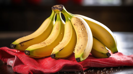 Bunch of bananas on a red cloth on a wooden table.の素材