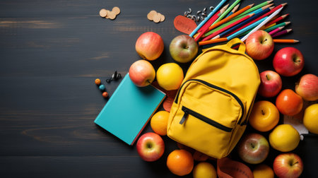 School supplies on a black wooden background. Back to school concept.の素材