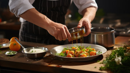 Chef pouring sauce on roasted pumpkin in restaurant kitchen, closeupの素材