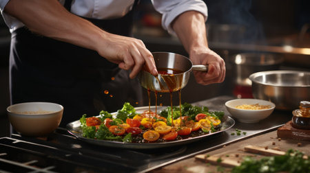 Chef pouring sauce into pan with vegetable salad in kitchen, closeupの素材