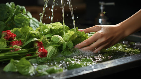 Close-up of a woman washing fresh vegetables in a kitchen sinkの素材