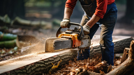A lumberjack cutting a log with a chainsaw in the forestの素材