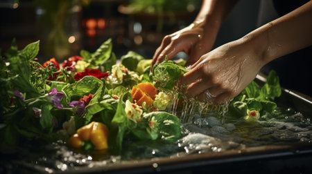 Woman washing fresh vegetables in kitchen sink. Close-up of handsの素材