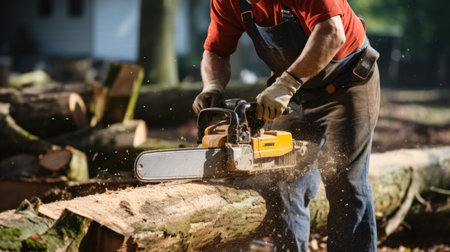 Carpenter cutting a log with a chainsaw in his workshopの素材