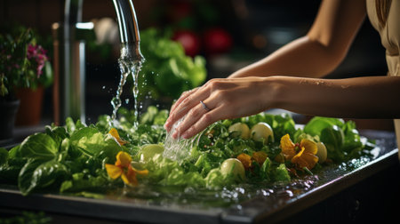 Young woman washing vegetables in the kitchen. Healthy food and vegetarian conceptの素材