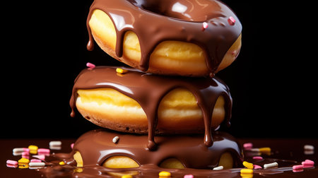 Donuts with chocolate icing and sprinkles on a black background.の素材