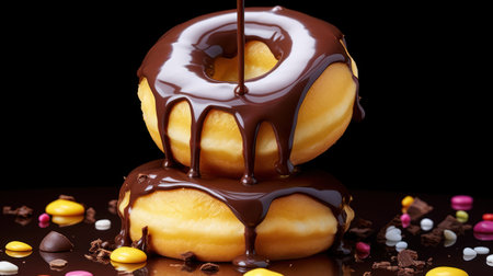 donuts with chocolate and candies on a black background close upの素材