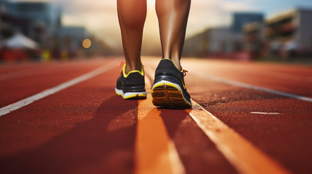 Close-up of female athlete running on racetrack at stadiumの素材