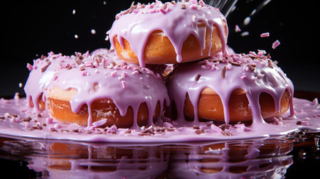 Delicious donuts with pink glaze on a black background.の素材