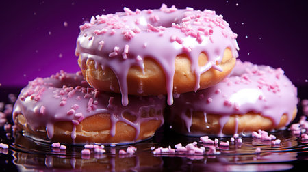 Donuts with pink glaze on a dark background close-upの素材