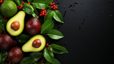 Ripe avocados with leaves and berries on a black background.の素材